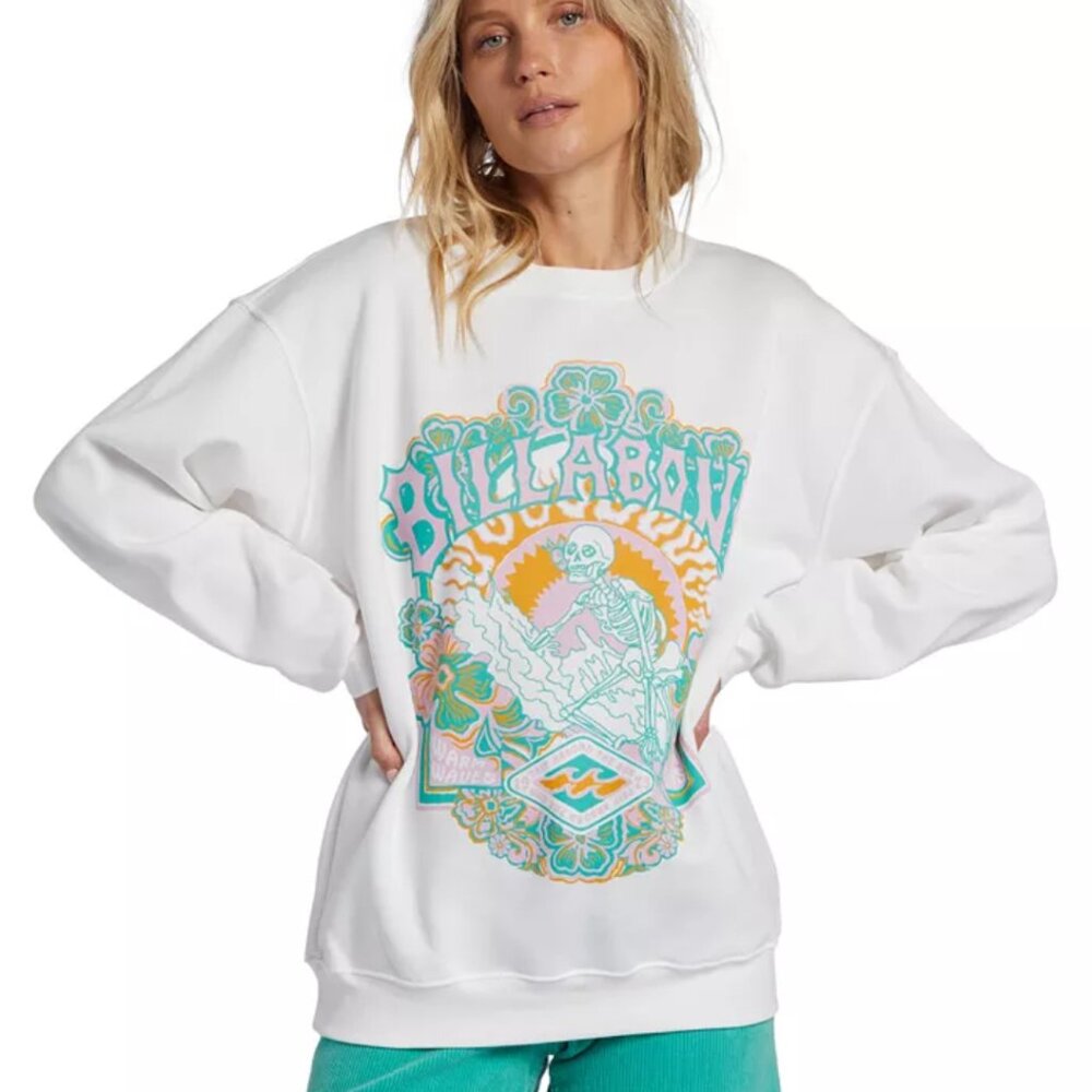 Billabong Skeleton Surf Graphic Sweatshirt White Retro Floral Surf Tee – Size S